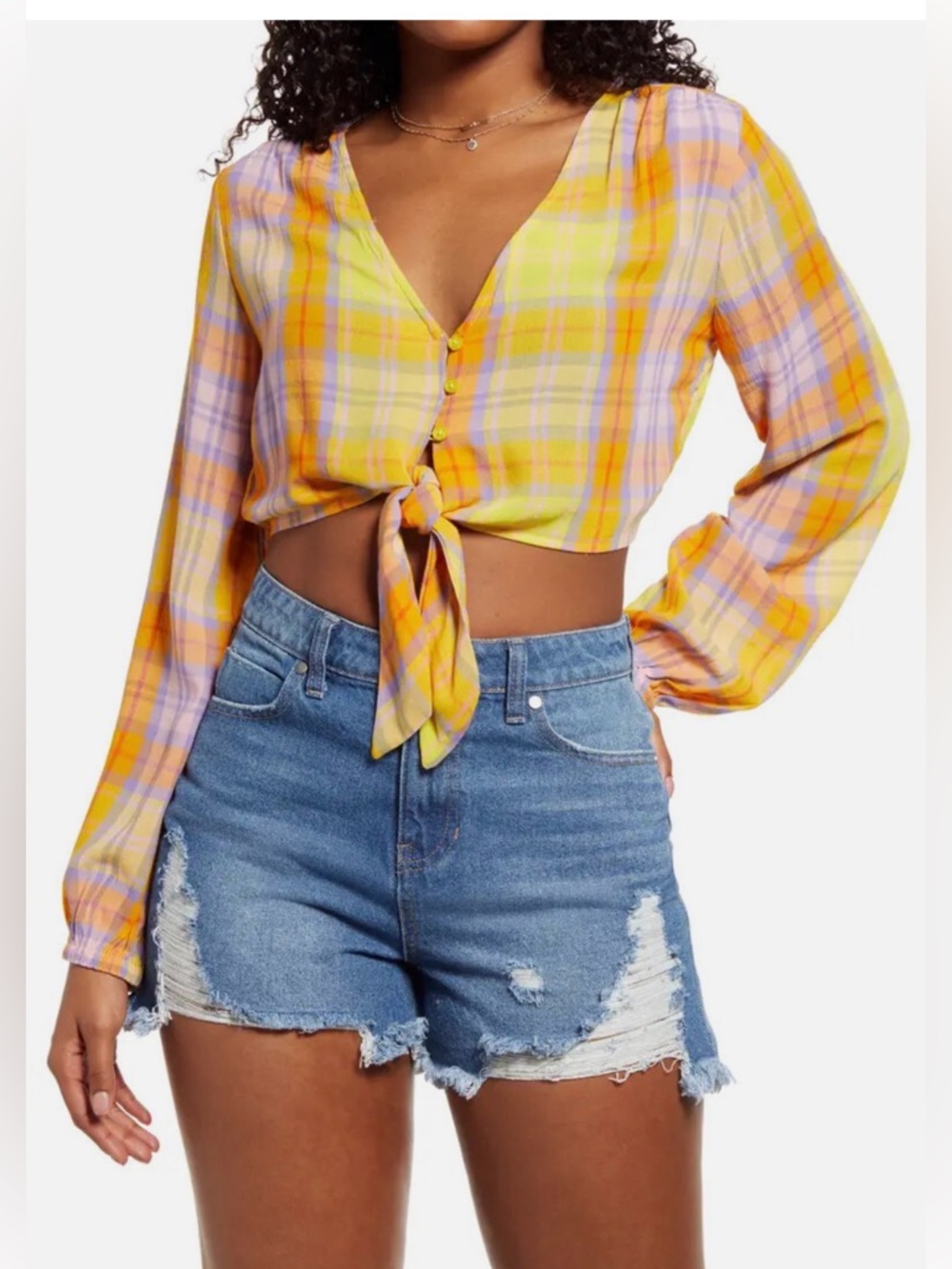 bp Yellow & Lavender Plaid Tie-Front Crop Top